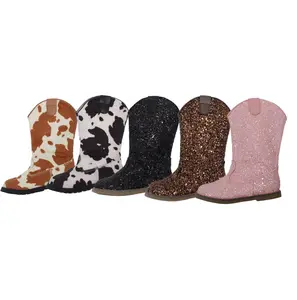 Botas de cowboy com zíper, botas midi de couro com glitter, para meninas