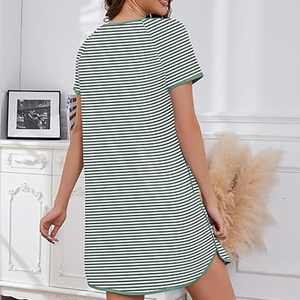 Camisón de algodón 100% a rayas para mujer, de manga corta, corte holgado, cuello redondo, con bolsillo, camiseta de dormir informal con dobladillo dividido - Product Image 4