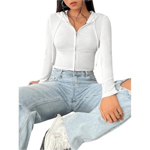 FOXA Women's <b>Zip</b> <b>Up</b> <b>Cropped</b> Hoodie Sweatshirt Long Sleeve Knitted Breathable Y2K Crop Top Casual Fall Outfit - Product Image 6