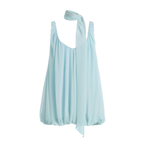 Robe mini en mousseline de soie <span class=keywords><strong>bleu</strong></span> clair froncée à ourlet bouffant, col halter, ceinture à nouer, dos nu en V profond, coupe ample et fluide, idéale pour les vacances et les soirées - Product Image 1