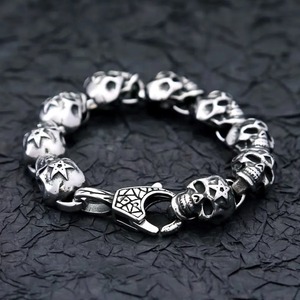 Pulsera con forma de calavera yunnique, brazalete de cadena de acero inoxidable para hombre, grabado de estrella de cinco puntas, cierre de langosta, regalo de joyería, 19,5 CM, 22,5 CM - Product Image 1
