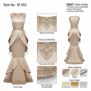 Elegante Vestido de Noche Largo de Satén Color Beige Champán con Corsé Estructurado, Falda con Diseño de Pétalos de Tulipán y Cristales Fluidos - Product Image 3