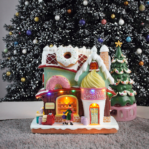 Casas <span class=keywords><strong>de</strong></span> pueblo navideñas musicales <span class=keywords><strong>de</strong></span> resina coloridas para interiores y casa <span class=keywords><strong>de</strong></span> dulces con función <span class=keywords><strong>de</strong></span> donuts giratorios - Product Image 1