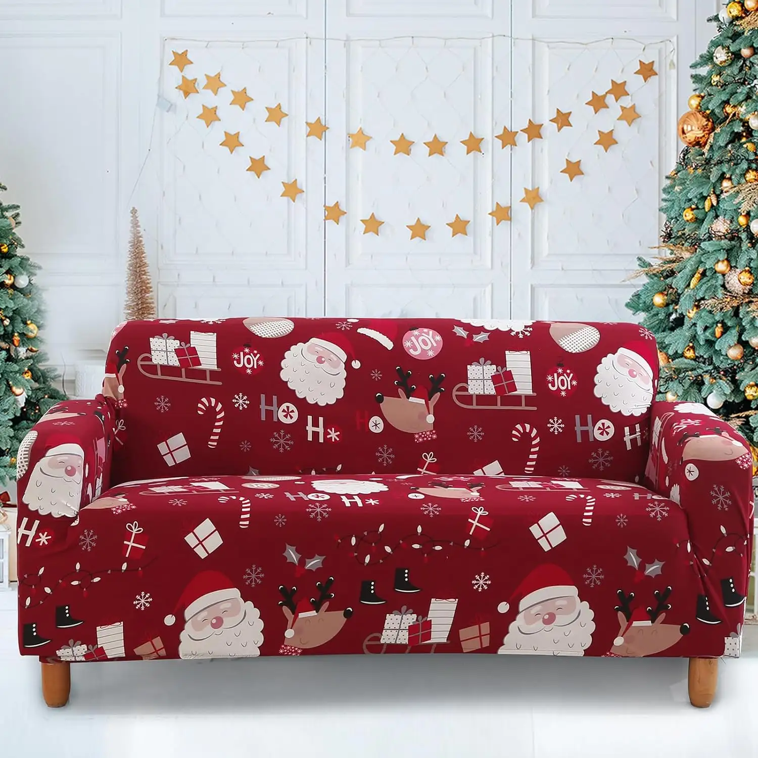 Christmas Sofa Cover Spandex Couch Cover Washable Elastic Fabric Furniture Protector for with 2 Cushion Covers,Snowmen