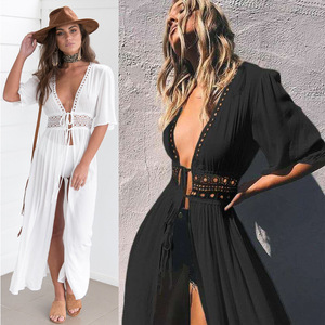 <span class=keywords><strong>Boho</strong></span> da donna in pizzo estivo traforato Sexy scollo a V mezzo corto da spiaggia Maxi abiti Casual - Product Image 5