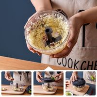 Handmatige knoflookhakker met trekkoord, roestvrijstalen messen, transparante kom, draagbare keukenhulp voor knoflook, chili en gember