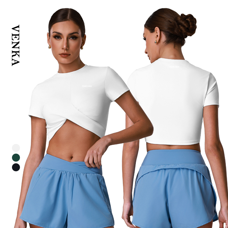 Women's Quick Dry Fitness Top Slim Fit Breathable Athletic Wear Cross Knot Short Design Round Neck Ladies Sports Yoga T Shirt