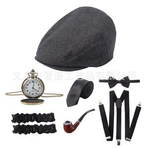 Men's Themed Party Hat Pipe Pocket Watch Tie Suspenders Set Costume Props - Product Image 3