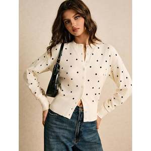 Cardigan en maille fin à pois blancs pour femme, col rond, boutonné, anti-boulochage, coupe décontractée à épaules tombantes, idéal pour le printemps - Product Image 4