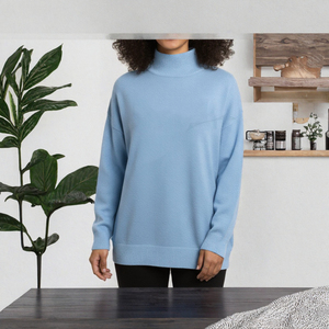 Women Oversized <b>Turtleneck</b> <b>Sweater</b> Solid Color Knitted Long Sleeve Autumn Wear Light Blue Regular Fit - Product Image 3