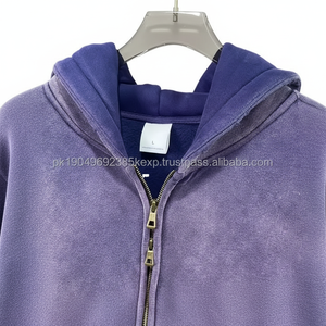 Sweat à capuche pour homme automne-hiver, haute qualité, 100% coton, motif uni, lavage batik, cachemire vieilli, 360g, fermeture éclair double tête - Product Image 1