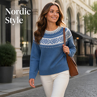 Pull ras du cou jacquard Fair Isle bleu nordique pour femme, coupe décontractée, tricoté avec bordure côtelée, OEM/ODM