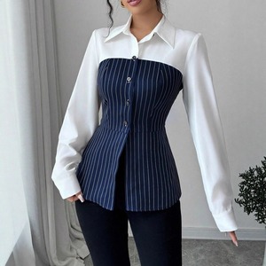 T26551 Camisa Casual Feminina de Manga Longa Listrada Slim-fit para Outono, Blusa de Tecido Stretch de Alta Qualidade para Mulheres - Product Image 1