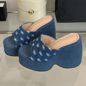 2025 Summer New Fashion Blue Denim Wedge <b>Heel</b> Open <b>Toe</b> Slippers Southeast Asian Style High <b>Heel</b> Thick Bottom Sandals - Product Image 1