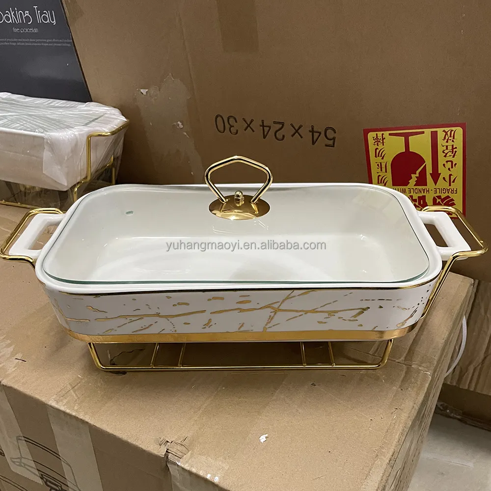 Rectangular Double Ear Handle Ceramic Casserole Soup Pot With Golden Pot Holder Bakeware For Hotel Restaurant Tableware Buffet