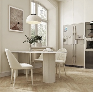 Juego de Comedor Ovalado Blanco Crema Minimalista Nórdico con 6 Sillas Mesa de Piedra Sinterizada Muebles para Restaurante con Detalles de Mármol - Product Image 2