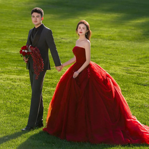 Dark Red Strapless Ball Gown Wedding Dress Empire Waistline Tulle Netting Fabric Simple Fashion Element - Product Image 1