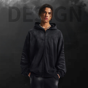 Sweat à capuche d'hiver en coton épais de haute qualité, fermeture éclair, écologique, effet vieilli, vintage, coupe oversize, streetwear, délavé à l'acide, personnalisable - Product Image 1