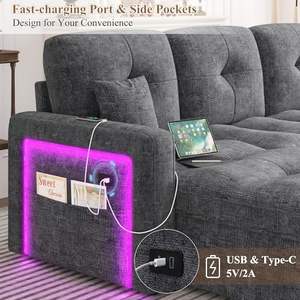 Canapé sectionnel LED en chenille avec lit gigogne convertible en forme de L, rangement, chaise longue, dossier réglable, USB - Product Image 4