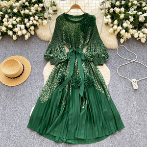 Vestido Midi Plisado Informal <span class=keywords><strong>de</strong></span> Primavera con Estampado Digital Tejido para Mujer, Manga Farol, Estilo Imperio, Encaje Impreso en 3D - Product Image 4