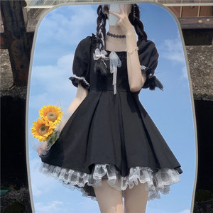 Robe gothique Lolita pour femmes, Harajuku, mignon, dentelle, noir, manches bouffantes, robes courtes, école Jk, été - Product Image 2
