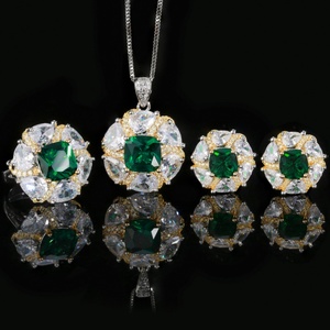 Fashion Eco-friendly Copper Gold Plated 10-8MM Emerald Green Cubic Zirconia Temperament Necklace <b>Earrings</b> Set for Women - Product Image 3