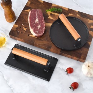 Prensa para Hamburguesas <span class=keywords><strong>Smash</strong></span>, <span class=keywords><strong>Plancha</strong></span> de Hierro Fundido Resistente, Redonda y Rectangular, Prensa para Asar Tocino con Mango de Madera - Product Image 4
