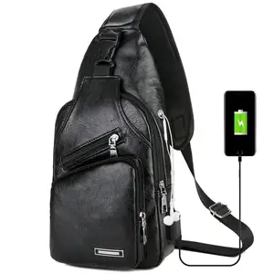 Sac de poitrine à chargement USB avec trou pour casque Sac de poitrine antivol à sangle unique multifonction pour hommes avec bandoulière réglable