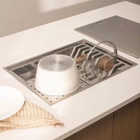Nouveau design 2026, évier carré en acier inoxydable 304 satiné brossé, fait main, avec égouttoir à vaisselle intégré