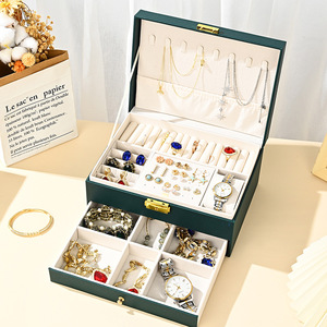 2023 mới PU Ngăn kéo với khóa hai lớp hộp đồ trang sức vòng Vòng cổ bông tai đinh tán tai Phụ kiện lưu trữ đồ trang sức tổ chức - Product Image 4