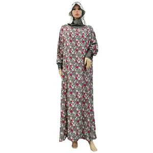 Algodão impresso Double layered hooded robe Venda quente abaya Oriente Médio Dubai Turquia Elegante laço um pice jilbab khimar vestido