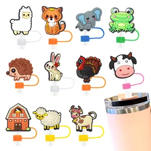 10MM New Arrival Rubber Pvc Straw Toppers Charms For Tumblers Designer Straw Topper Animals Cute Farm Animals Straw Toppers