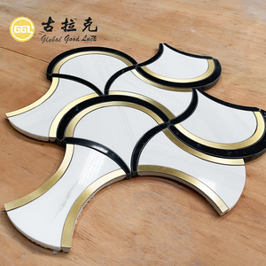 Azulejos de mosaico de líneas de latón de mezcla de mármol blanco y negro Thassos para decoración del hogar - Product Image 1