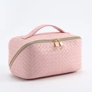 New large capacity ins style woven PU makeup toiletry bag luxury PU leather braided cosmetic storage bag cases for women