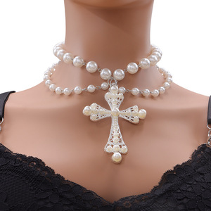 Fashion Layered Imitation Pearl <b>Cross</b> Necklace Black Geometric Alloy Clavicle <b>Chain</b> Multi Strand Statement Jewelry - Product Image 2