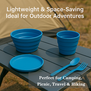 Ensemble de vaisselle de camping en silicone 5-en-1 pour l'extérieur, bol pliable, tasse, assiette, cuillère et fourchette, portable et sans BPA, couleurs et logo personnalisés - Product Image 3
