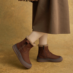 Botas Chukka para Mujer, con Cordones en el Tobillo, de Cuero Genuino, Forro de Felpa, Plataforma Corta, Botas de Nieve, Estilo Retro, para Todas las Temporadas - Product Image 4