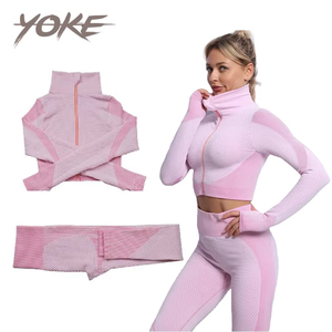 Conjunto Deportivo de 2 Piezas de Punto Sin Costuras Yoke, Leggings de Cintura Alta y <span class=keywords><strong>Top</strong></span> de <span class=keywords><strong>Manga</strong></span> <span class=keywords><strong>Larga</strong></span>, Ropa Deportiva para Gimnasio, Conjunto de Yoga para Mujer - Product Image 1