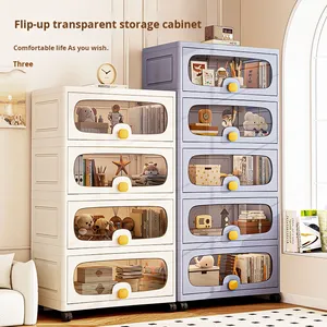 Meuble de rangement modulaire empilable en plastique transparent à couvercle rabattable, étagère de présentation pour jouets d'enfants et livres, avec roulettes, vente en gros - Product Image 1