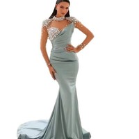 Nouveau été sirène robe de soirée soirée lourde dentelle Satin Scoop col taille naturelle parole longueur impression numérique antistatique