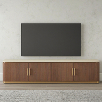 Meuble multimédia moderne de luxe pour salon, placage de noyer, unité de divertissement, finition travertin, plateau en pierre frittée, bois