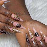 Faux ongles à presser faits main en gros, nude, stiletto, imprimés fleurs, réutilisables pour femmes