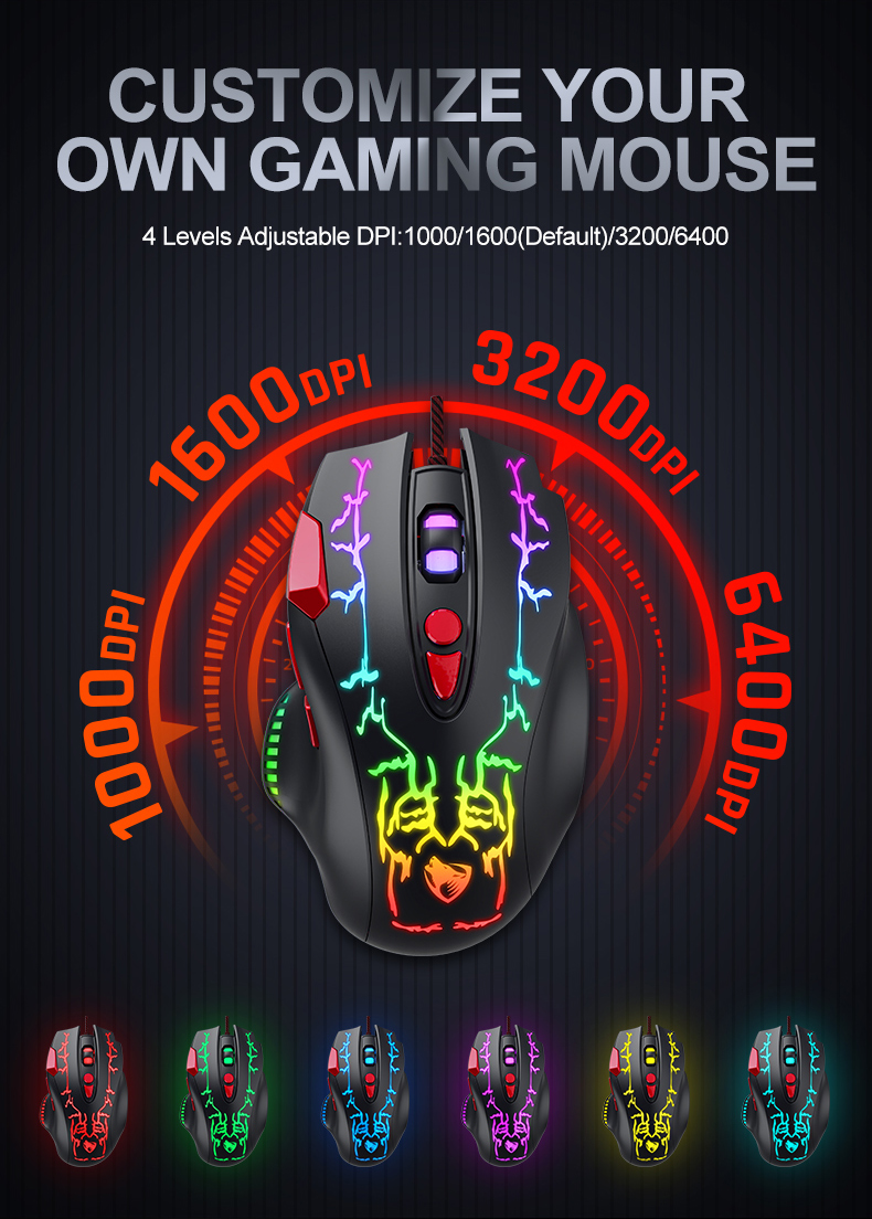 TWOLF G550 gaming mouse wired 8 programmable buttons RGB backlit 7200DPI opitical LED light for computer PC Gaming Mice