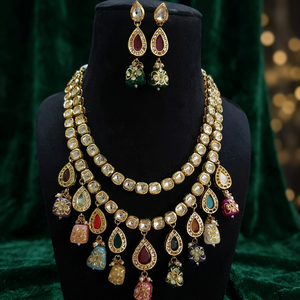 Ensemble de collier Kundan pour femmes, plaqué or, 2 couches, zircon multicolores, pour mariage traditionnel, fiançailles, soirée - Product Image 2