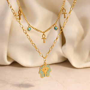 Collar en capas con busto de faraón egipcio y cruz Ankh, chapado en oro de 18k, para viajes, joyería de moda. - Product Image 4