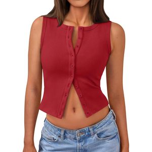 Débardeur court côtelé boutonné sans manches pour femme, gilet tricoté court, idéal pour l'été et les vacances à la plage - Product Image 1