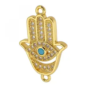 Amuleto de conector de bronze banhado a ouro cz, charme de mão hamsa para fabricação de jóias 1624399