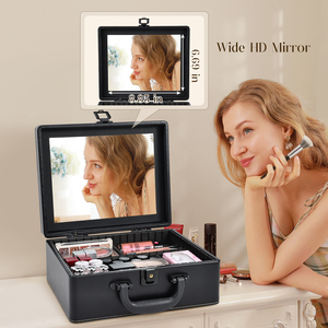 Travel <b>Makeup</b> Organizer <b>Case</b> with Mirror PU Leather Cosmetic Train <b>Case</b> with Adjustable Dividers and Brush Holder Make up Box - Product Image 3