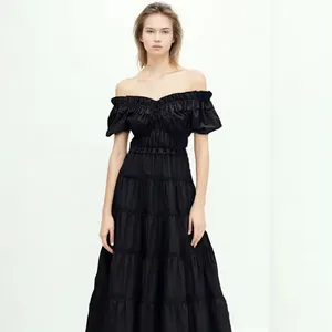 Женское плиссированное платье с круглым вырезом, черное Свободное платье, модная женская одежда во французском стиле, Лидер продаж, длинные элегантные женские платья, 2024