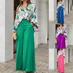 Pronto per la Spedizione: Completo Due Pezzi da <span class=keywords><strong>Donna</strong></span> con Stampa Floreale, Camicia <span class=keywords><strong>a</strong></span> Maniche <span class=keywords><strong>a</strong></span> Pipistrello e Pantaloni <span class=keywords><strong>a</strong></span> Vita Alta <span class=keywords><strong>a</strong></span> Gamba Larga, Abbigliamento Casual da Ufficio - Product Image 3